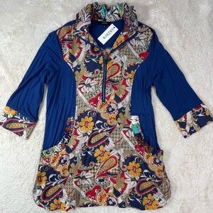 NWT KAKTUS Quarter Zip Beautiful, Artsy Tunic Top w/ Pockets Size XL